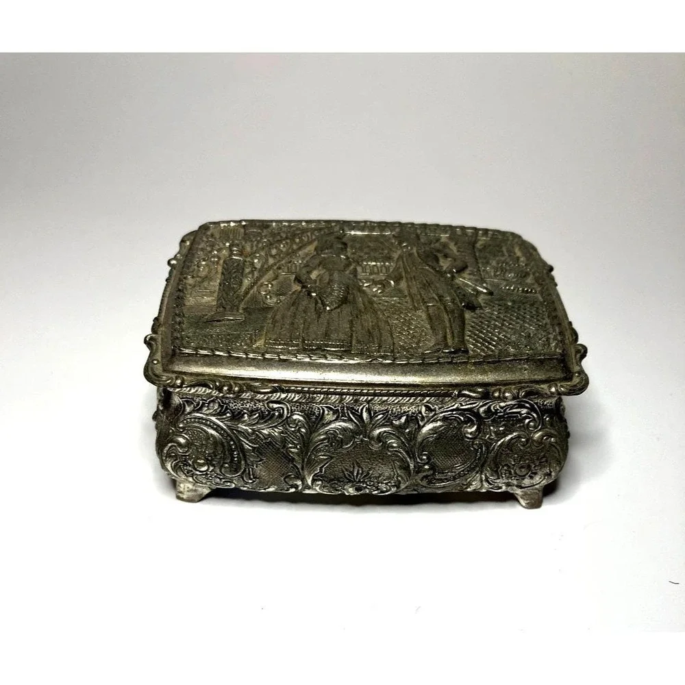 Vintage Japan Ornate Silver Tone Jewelry Trinket Box Victorian Courting Velvet